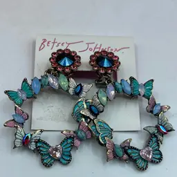 Betsey Johnson Hoop Earrings Butterfly’s Enamel And Rhinestones New