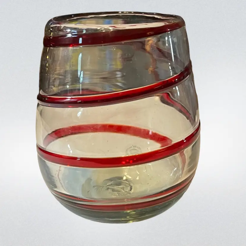 Stemless Wine Glass RED SWIRLINE Handblown Recycled GLASS Approximately 14 oz ~ 5”tall 3” Dismissal