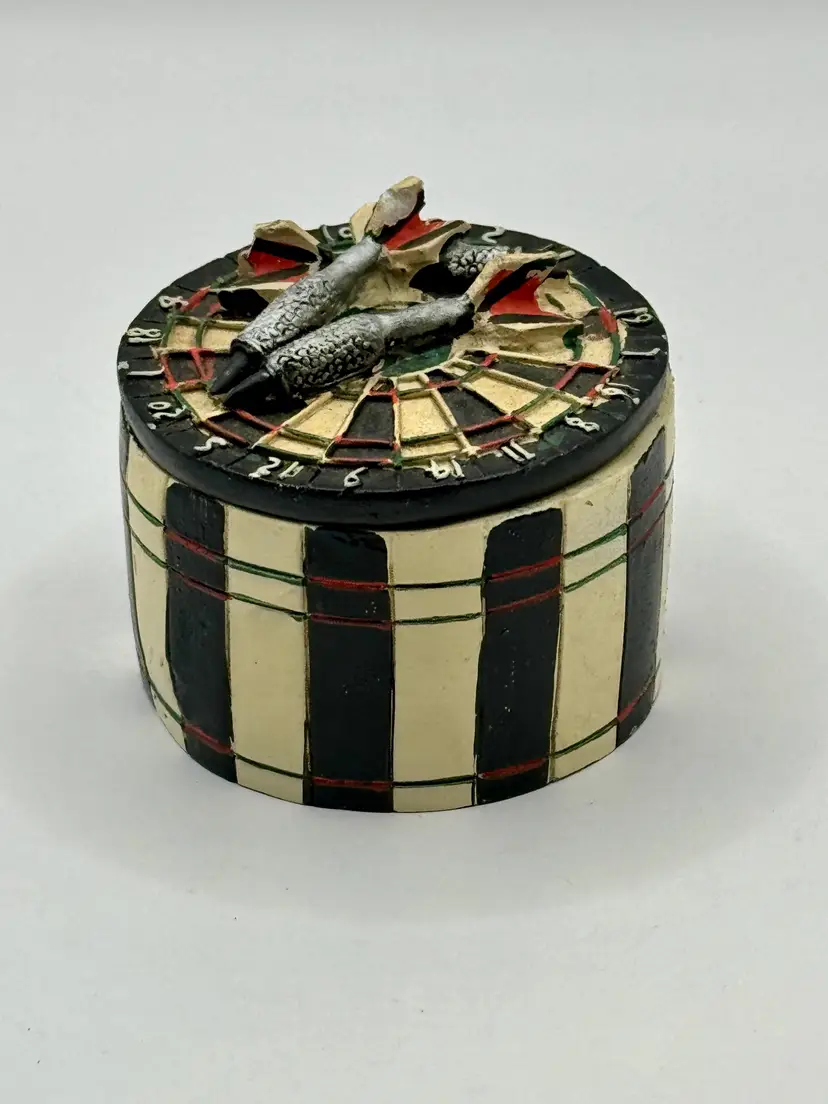 Vintage Dart Board Design Round Jewelry Trinket Box With Darts Stag Finial, Decorative Container, Unbranded, Made In China