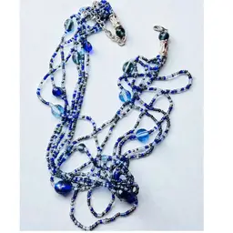 Blue Seed Bead & Glass Necklace 6 Strands 16”