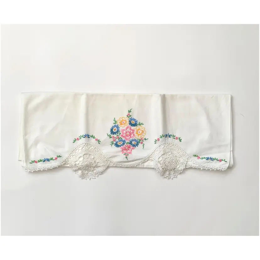 Floral Embroidered Pillowcase Crochet Lace Shabby Décor Cottage Core Layering Vintage Farmhouse Country Granny