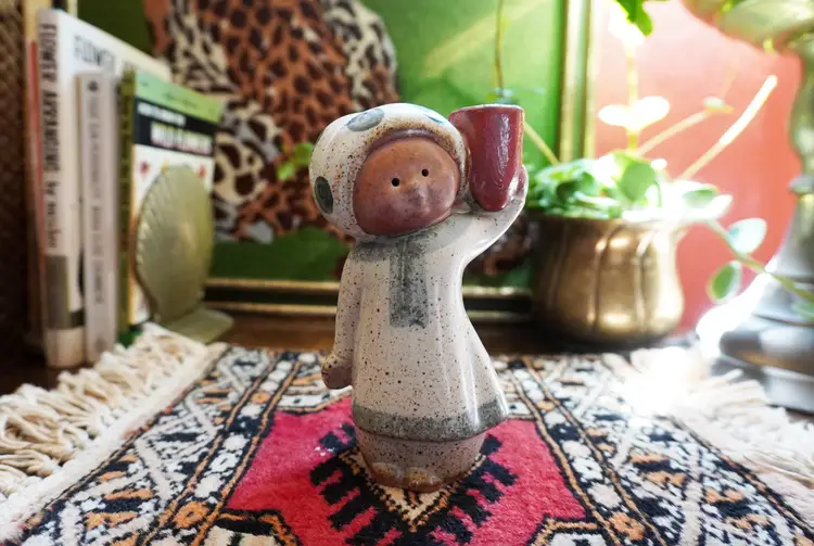 MCM Girl Bud Vase | Mid-Century Pottery Figurine, Girl Holding Pot | Danish Modern Lisa Larson Style