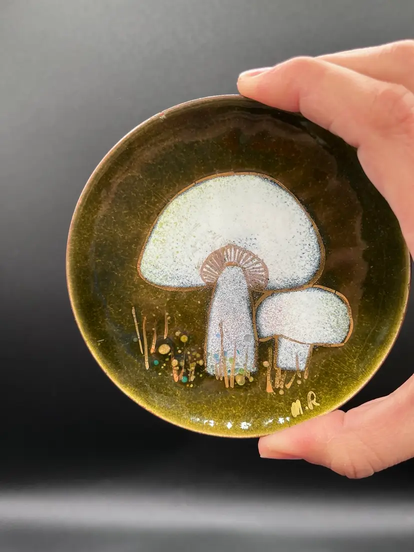 #22 Margaret Ratcliff Double Mushroom Etched Green Enamel Copper Catch All Trinket Dish READ 4.25”🍄‍🟫