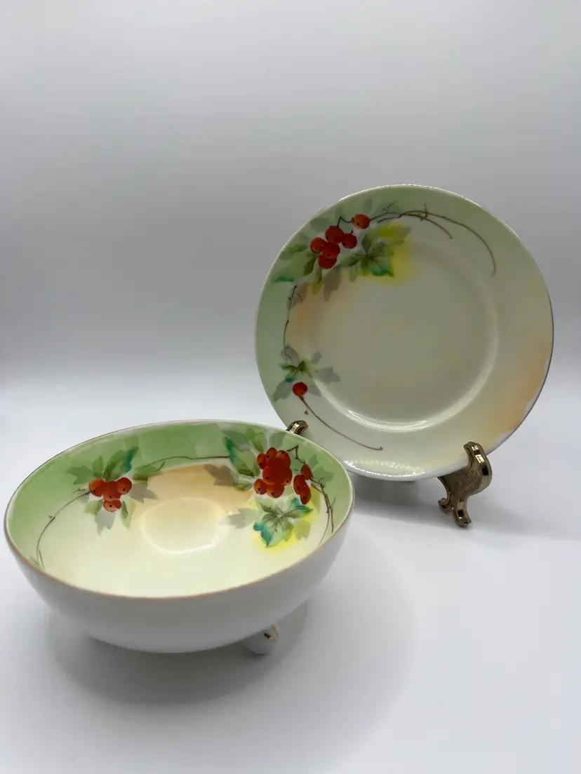 Nippon Japan Set signed, Footed Bowl And Plate Set Fruit Hand Painted