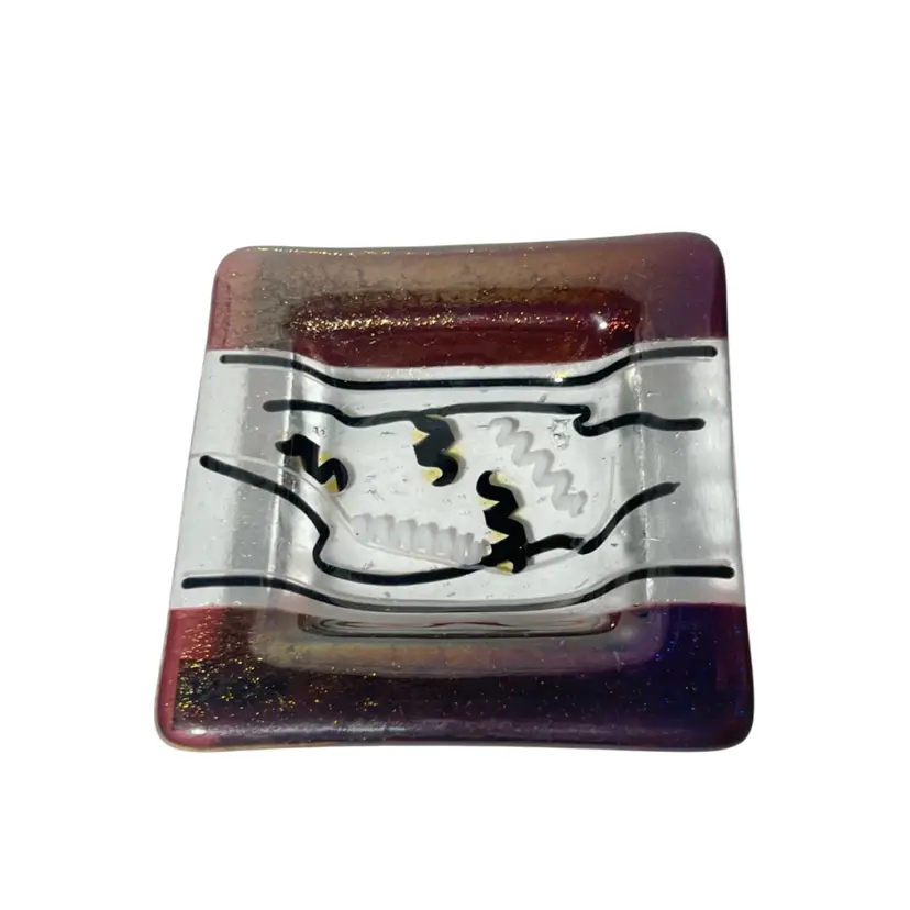 Fused Glass Trinket Dish handmade Maroon Dichroic Bands Abstract Wavy Pattern