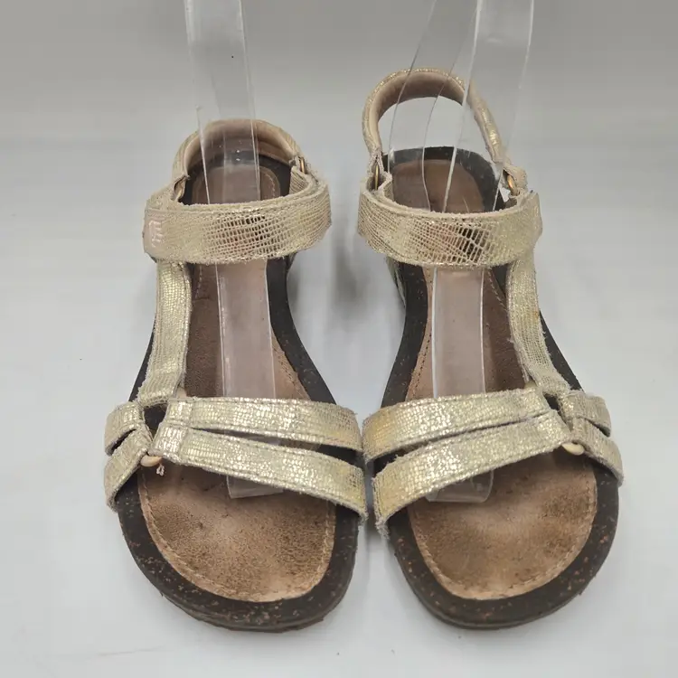 Womens Teva Ventura Metallic Gold Leather Snake Print Sz 9 Wedge Strappy Sandals