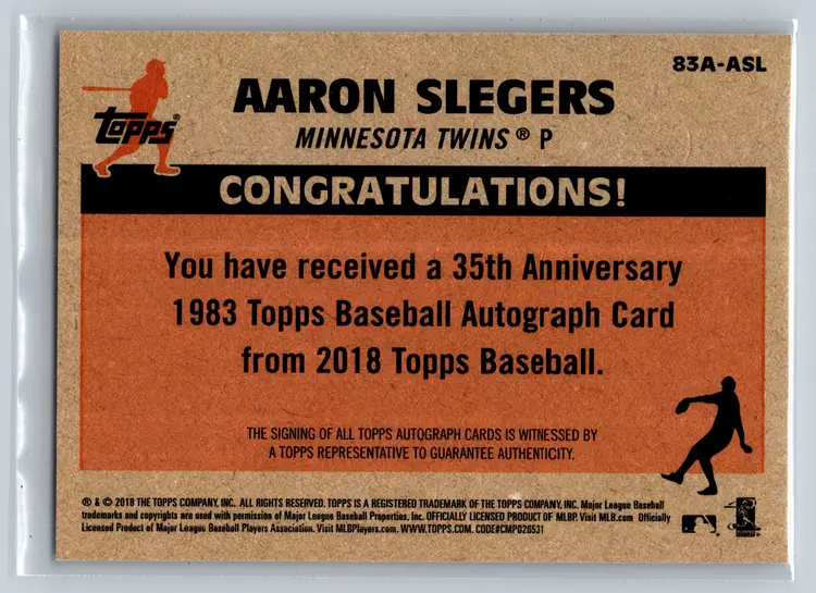 Aaron Slegers 2018 Topps 1983 35th Anniversary Auto Rookie RC Twins Pitcher
