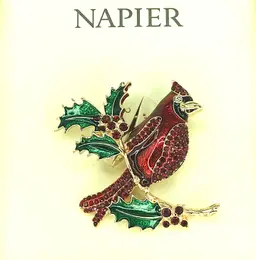 Napier Red Cardinal Bird Christmas Brooch Pin Holly Leaves Rhinestones Gift Box