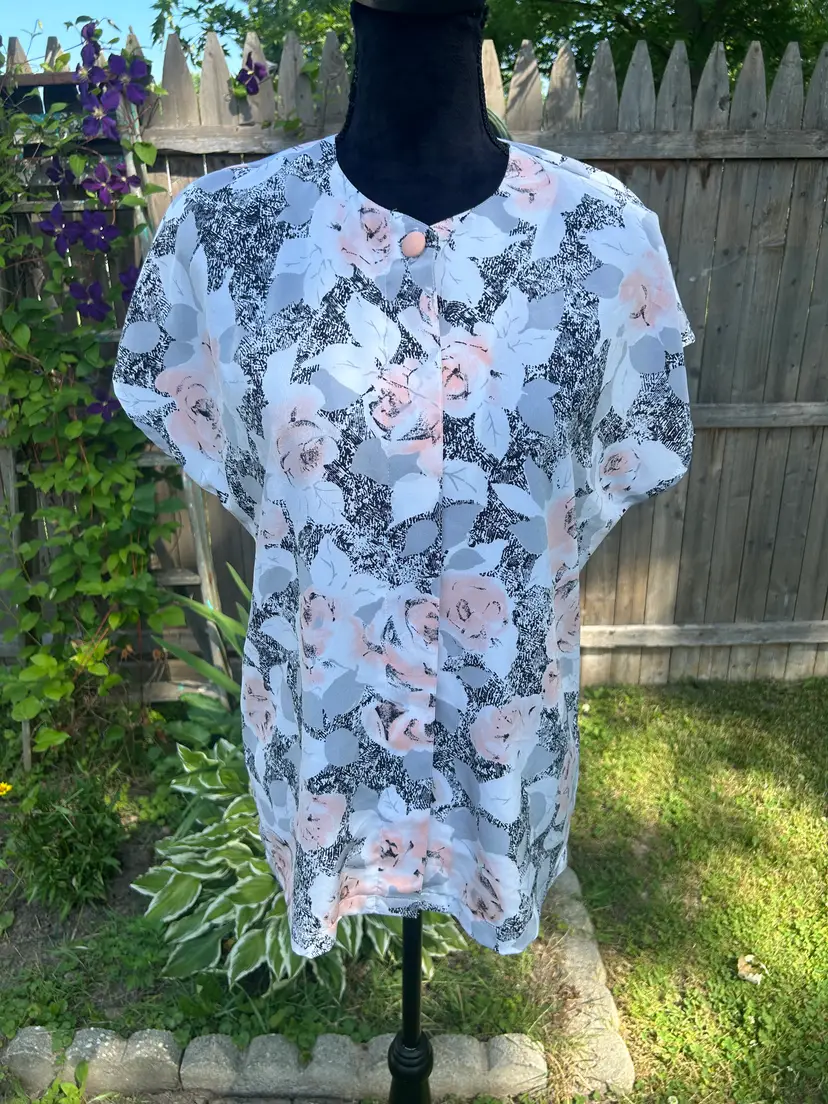 Vintage City Girl Flower Short Sleeve Polyester Blouse XL