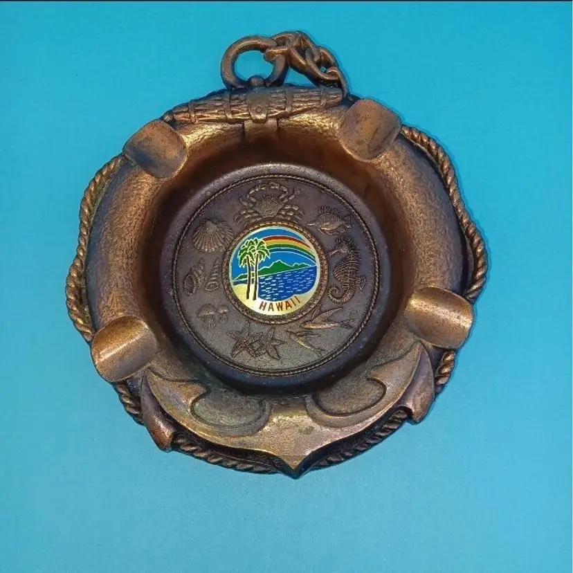 Vintage Hawaii Metal brass ashtray nautical theme