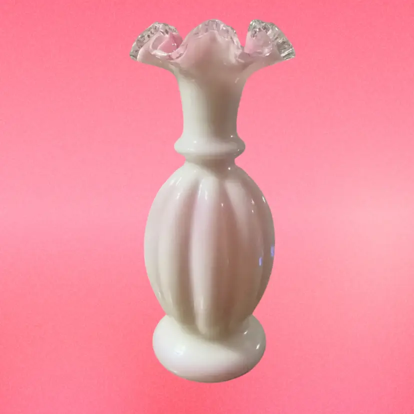 Fenton Pink White Silver Crest Melon Vase