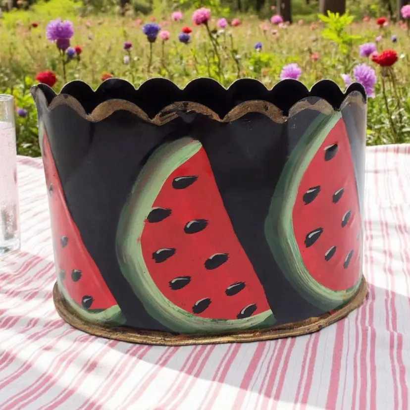 Handpainted Toleware Watermelon Bucket Cachepot India Scalloped Fruit Country