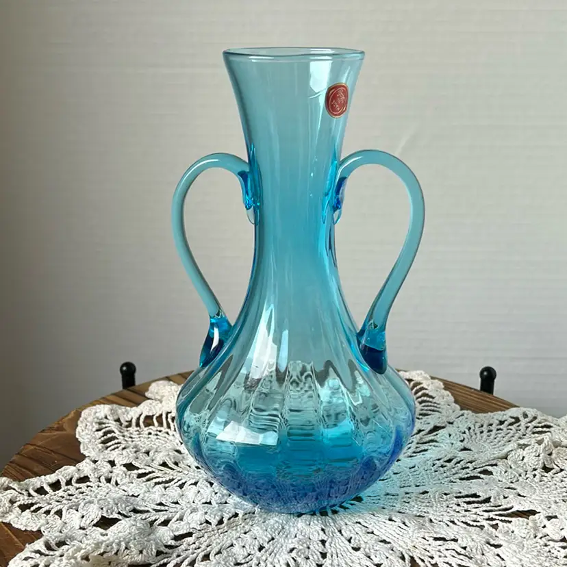 VINTAGE EMPOLI BLUE GLASS VASE 8" TALL OPTIC PANEL