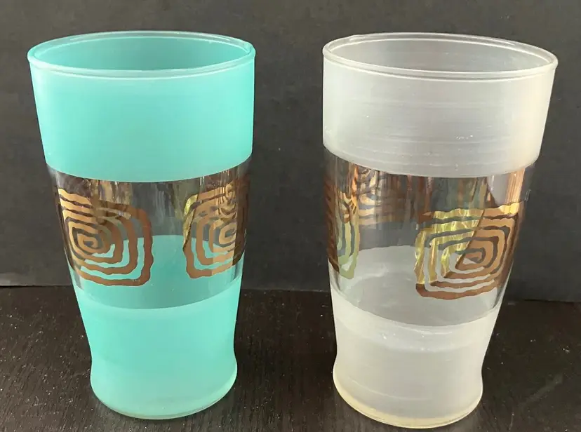 VTG MCM Frosted Cocktail Greek Key Glasses Barware White Turquoise/acqua Gold