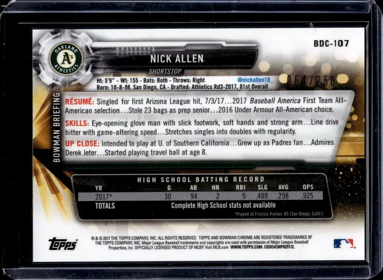 2017 Bowman Chrome #BDC-107 Nick Allen 1st Bowman Purple Refractor #64/250