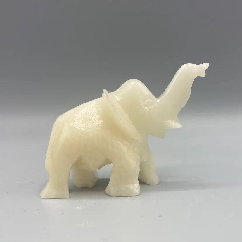 Hand Carved Trunk up White Onyx Stone Elephant Figurine Miniature