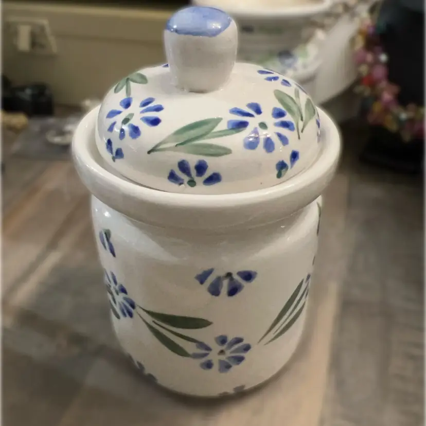 Vintage Jar With Lid, Panware Stoneware Pottery With Blue Flowers 7” x4”