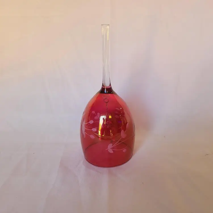 Vintage Cranberry Glass Etched Floral Design 7" Bell Clear Glass Handle