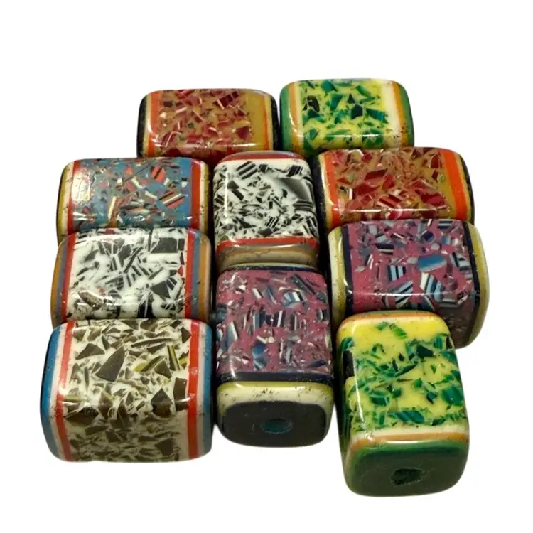 Lot (8) Unique Colorful Molded Plastic 1” Beads w/ Suspended Glass Shards Upcycle, Jewelry Making Project