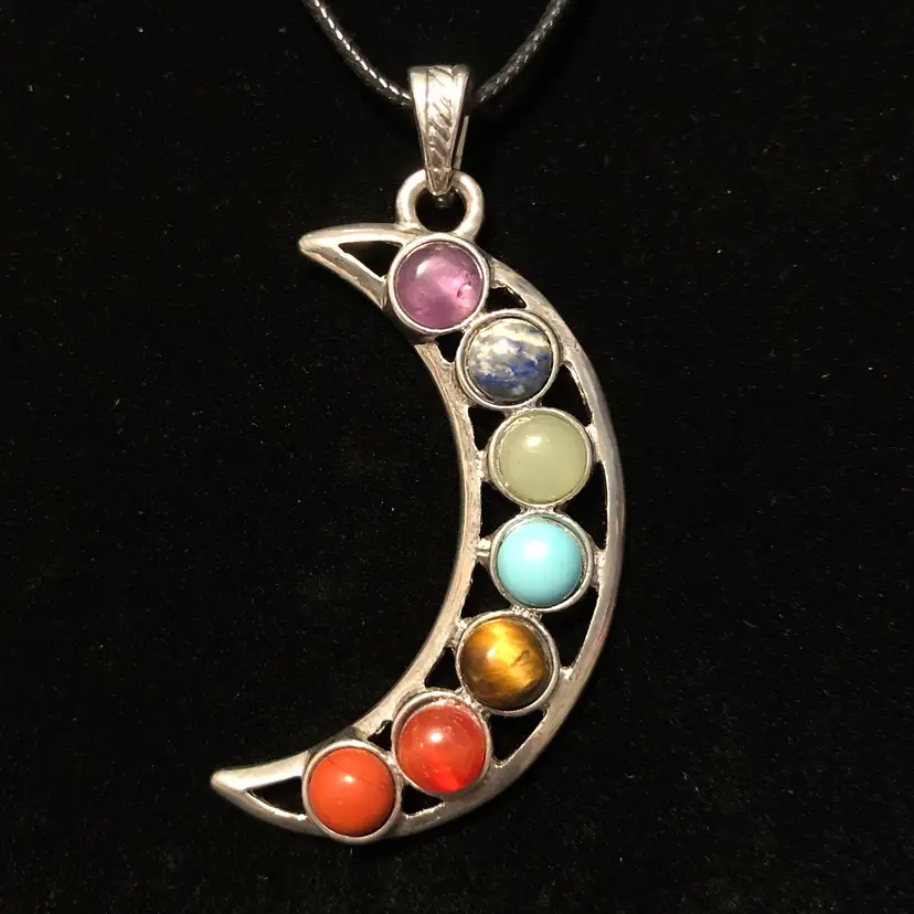 Crescent Moon with Rainbow 7 Chakra Stones Pendant on Black Leather Necklace