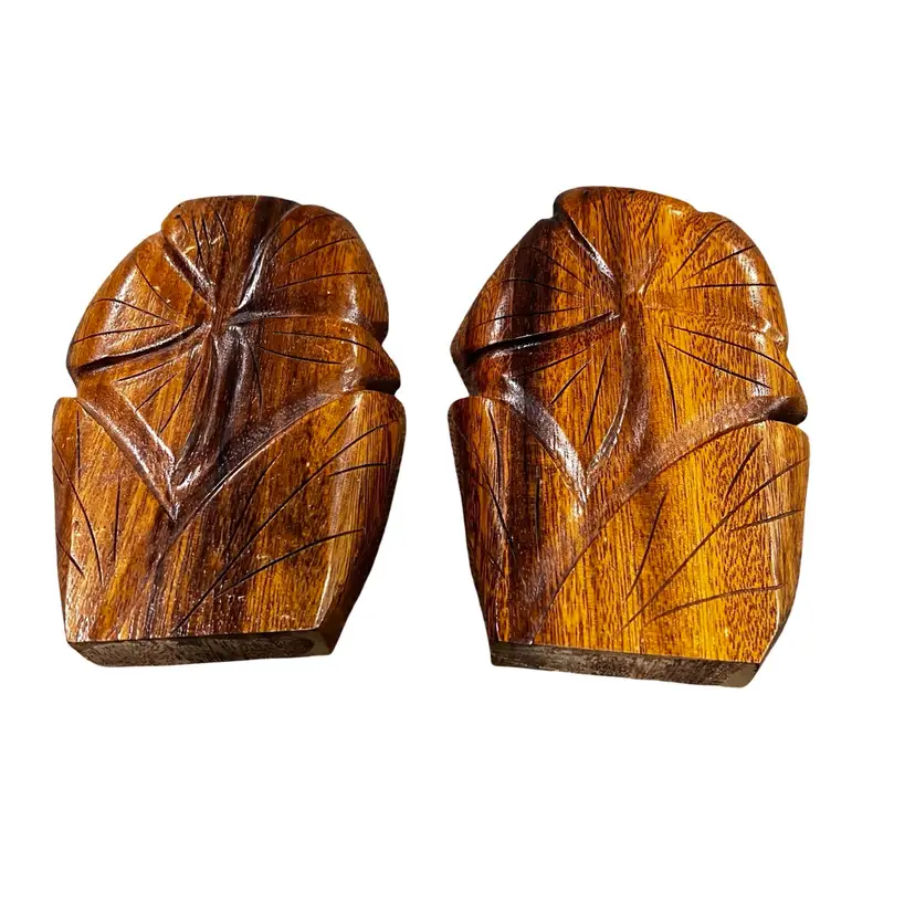 Vintage Hawaiian KOA Wood Bookends Hibiscus Flower Hawaii Tiki MCM Library