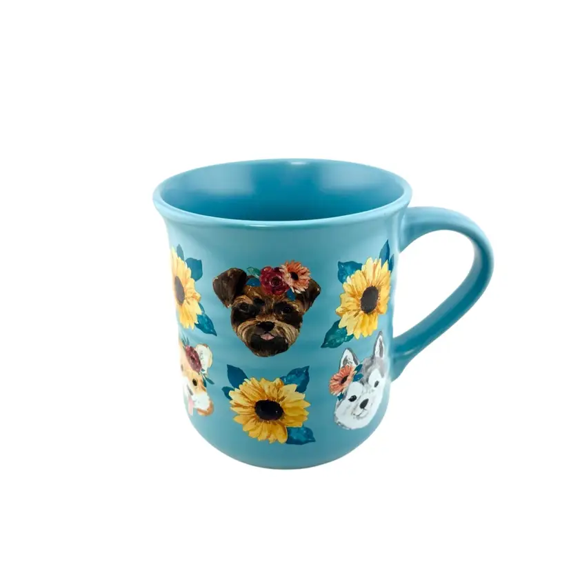 Adorable Blue Dog And Sunflower Coffee Mug 4.25” Tall x 5” Across At Handle