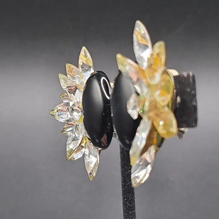 Wendy Gell Black Oval Clear Marquise Rhinestones Clip on Earrings 80's