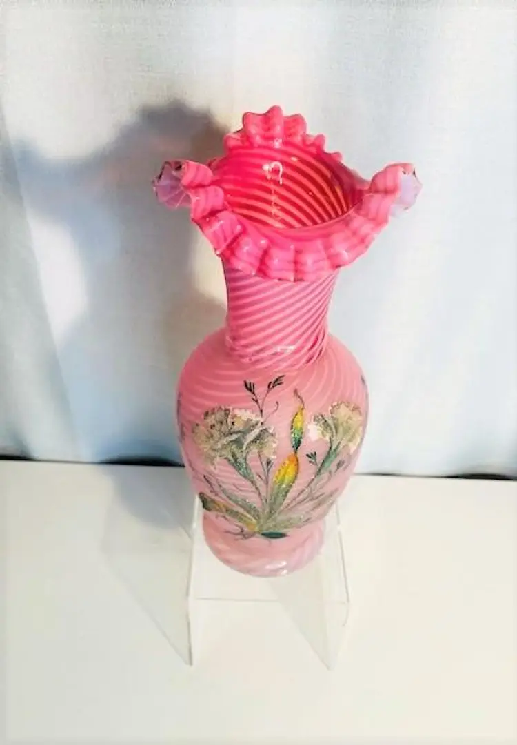 Antique Victorian 7 1/2" tall x 5 1/2" wide Pink Glass Vase Hand Painted Hand Blown Glass Vase White Swirl Glass | Antique Hand Painted Florals Vase Ruffled Rim