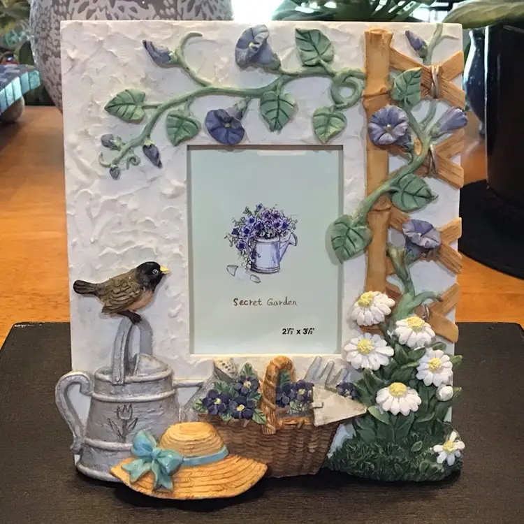 Secret Garden Flowers Bird Watering Can Picture Frame 2.5 in X 3.5 in For Picture
