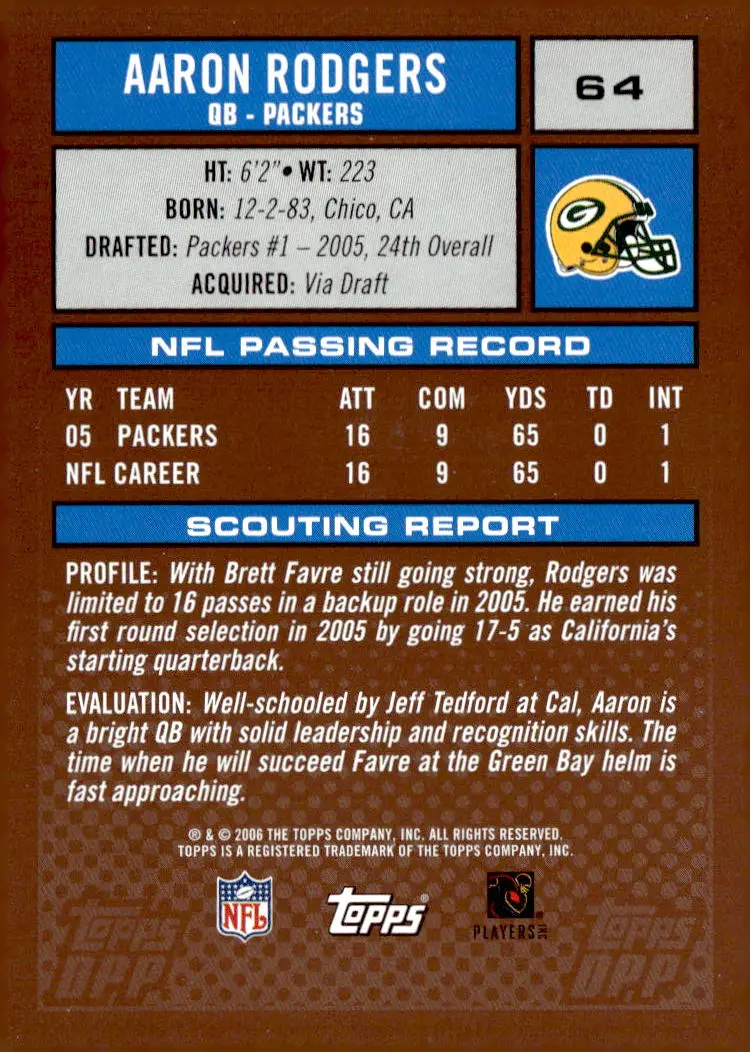 2006 Topps Draft Picks & Prospects #64 Aaron Rodgers