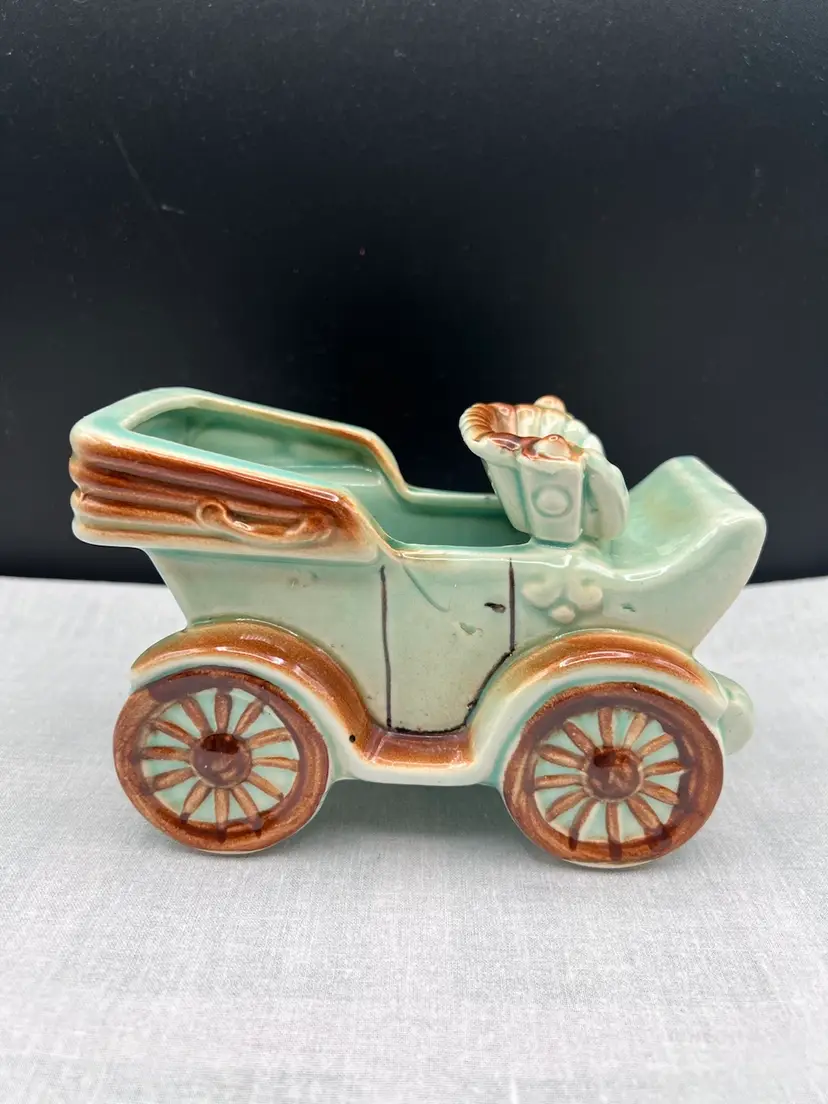 Vintage Old Convertible Car Planter in Aqua and Brown Glaze