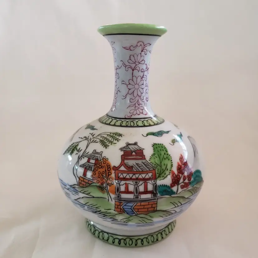 Japan Ceramic Hand Painted Scene Small 5.5” Bud Vase Pagoda & Mountains Vintage 