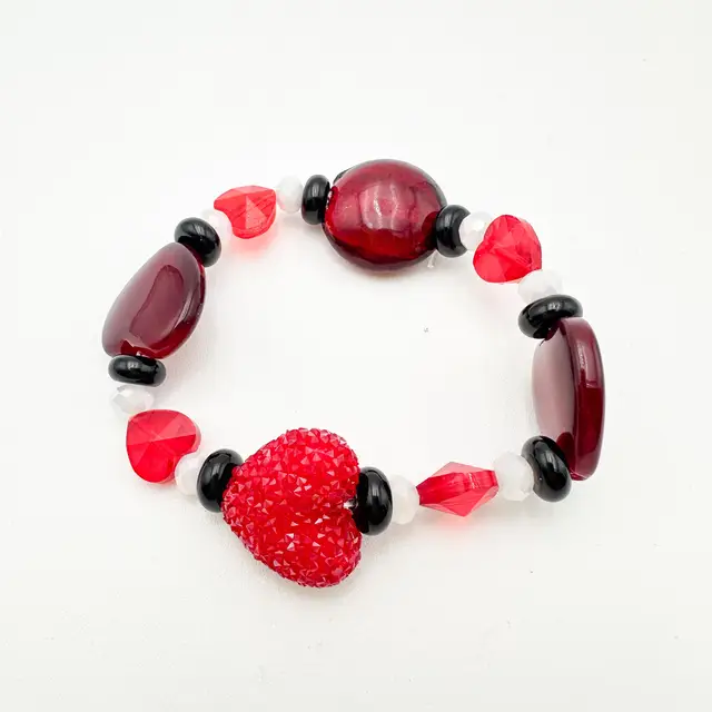 Valentine's Day Red Hearts and Black Beads Stretch Bracelet Handmade