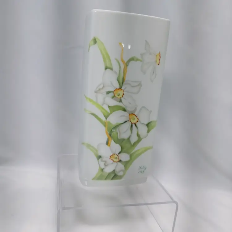 #1590 Vintage West Germany, Signed, 1987 Porcelain Vase, Gerold Porcelain Signed By Kitty White Flowers Lillies