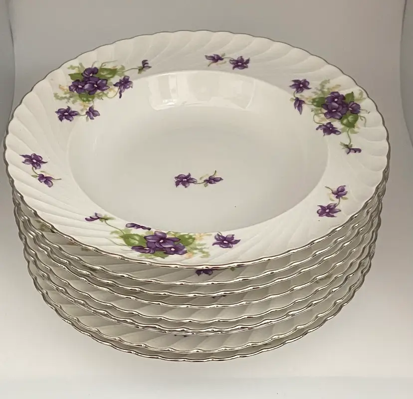 A Set of 9 Royal Tettau Viola Platinum Trim Soup Bowls