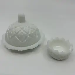 2 Vintage Westmoreland Milk Glass Pieces Thumblina Butterdish & Hobnail Salt Cellar