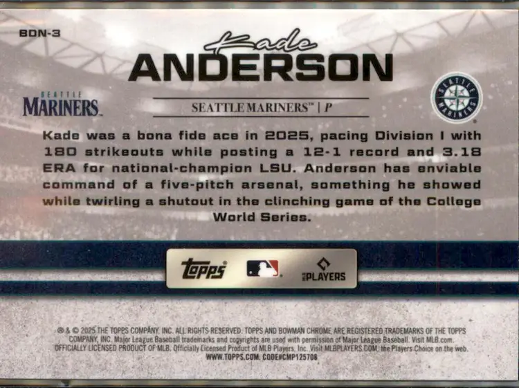 2025 Bowman Draft #BDN-3 Kade Anderson Bowman Draft Night - (138) - Seattle Mariners