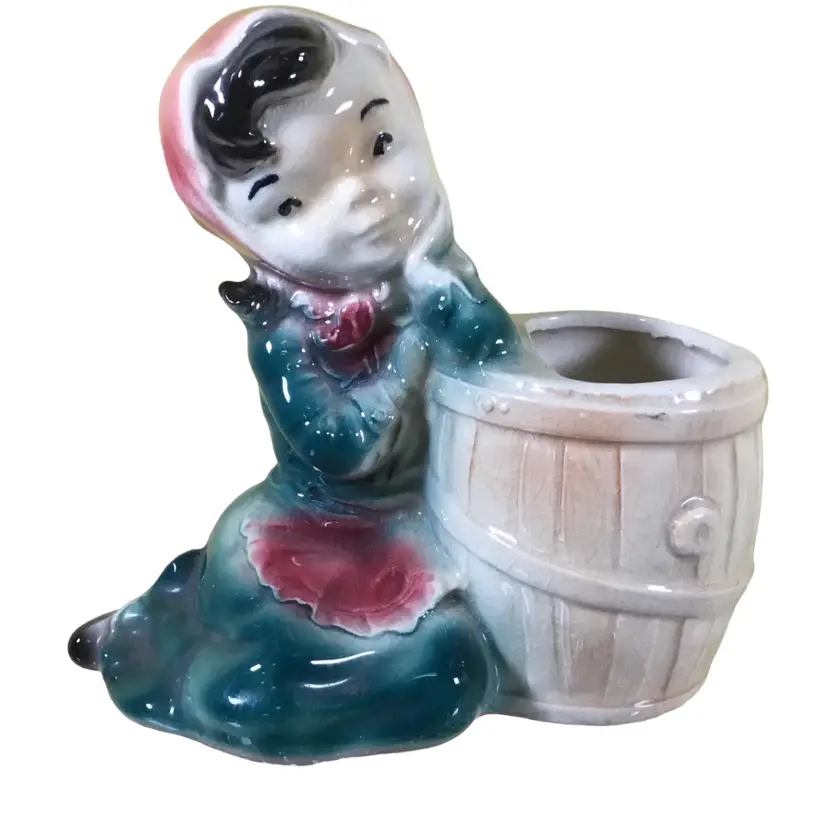Royal Copley Ceramic Planter Daydreaming Girl Leaning On Her Cleaning Bucket