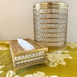 Vintage Punched Brass Ornate Wastebasket and Tissue Holder Regency