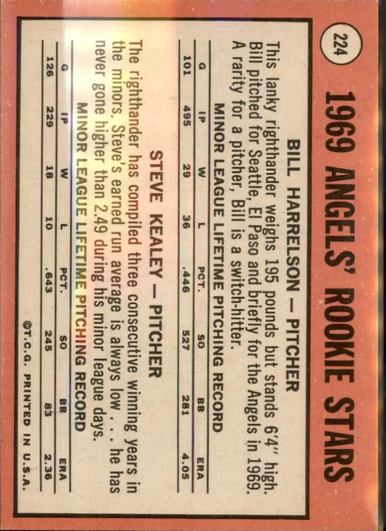 1969 Topps #224 Angels 1969 Rookie Stars (Harrelson / Kealey) RC - ( pk3 ) - California Angels