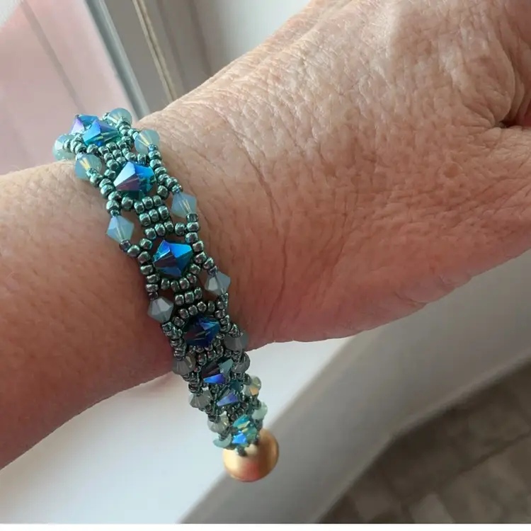 Blue Swarovski Crystal Bracelet with Button Toggle Clasp Artisan Made 6.5”