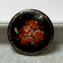 Vintage Russian Lacquer Wood Brooch Pin Folk Art Miniature Round Red Florals Signed 1998