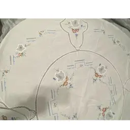 Vintage Keeco Bouquet Sampler 62” Round Tablecloth, Scalloped Edge, Hand Stitched