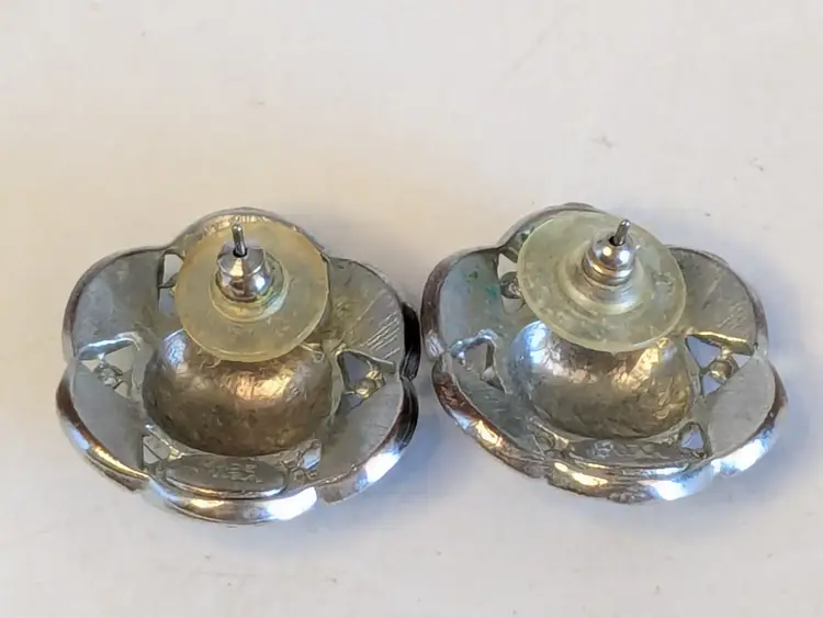 Vintage Silver Tone Navy Blue Pierced Earrings