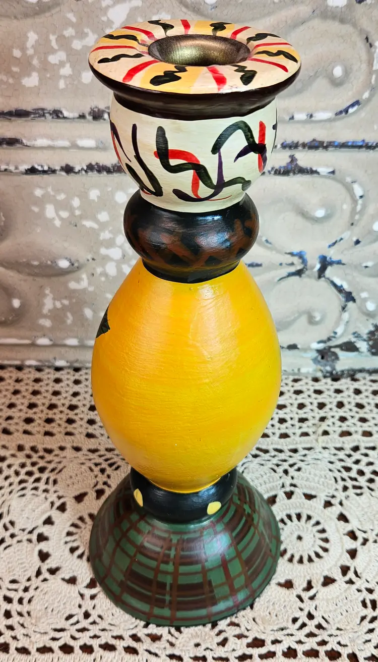 Colorful Folk Art Hand Painted Ceramic Taper Candlestick Holder Apple Theme