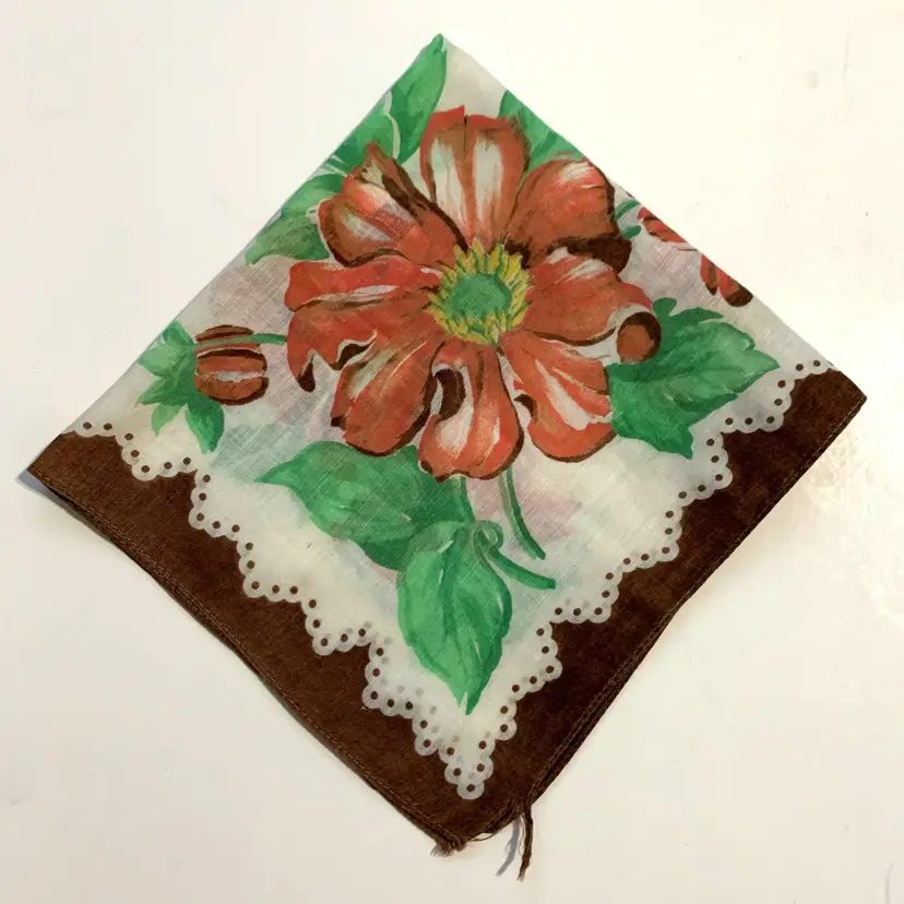 Pink Orange Large Floral Handkerchief Cottage Core Granny Vintage READ