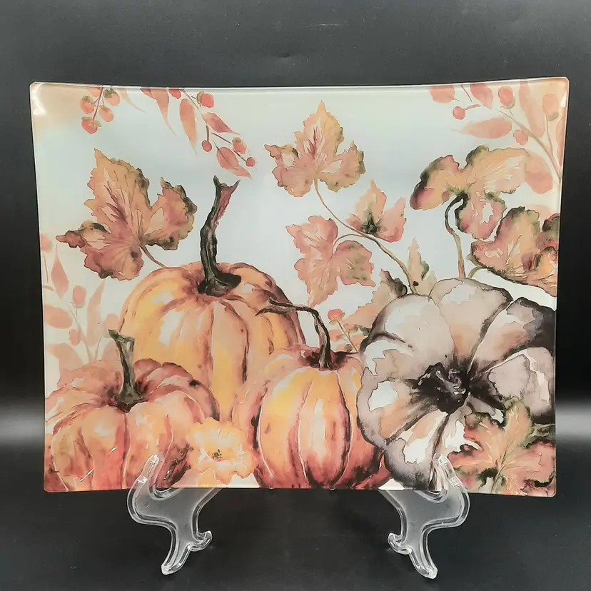 Pumpkin Fall Autumn Leaves Glass Tray