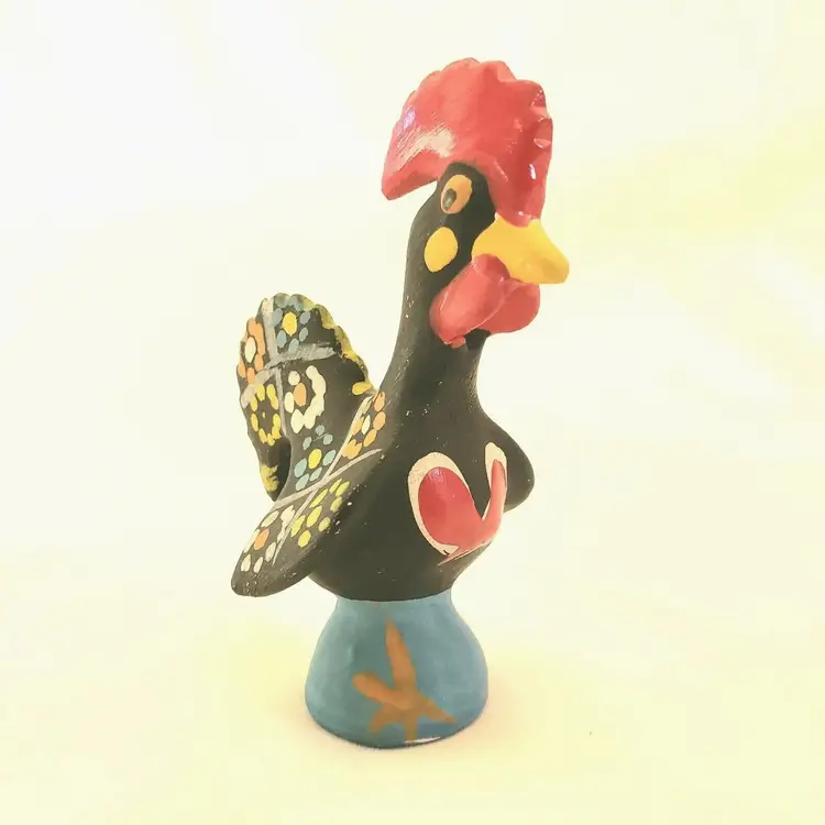 Folk Art Portuguese Rooster Ceramic Figurine Love Heart Handpainted 3" tall Vintage