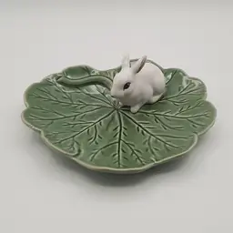 Bordallo Pinheiro Portugal Green Cabbage Leaf Dish with White Bunny Rabbit