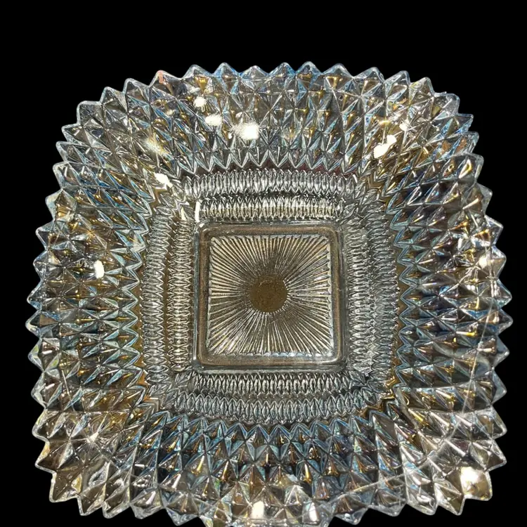 Indiana Glass-Icy Blue Iridescent Diamond Point Square Dish-With Ruffled, Sawtooth Rim